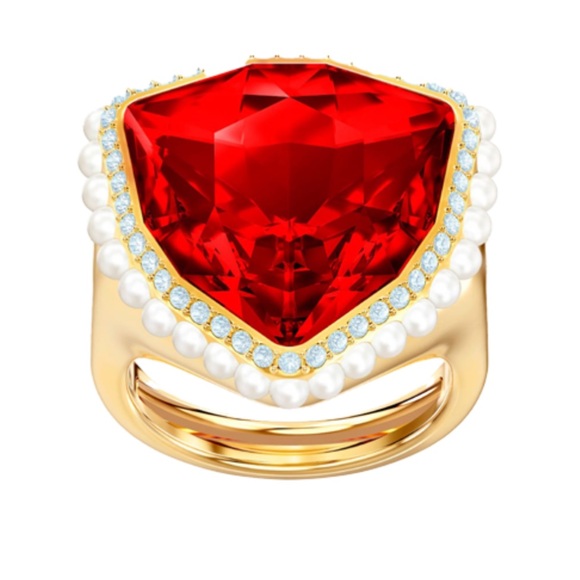 Swarovski Lucky Goddess Cocktail Ring Heart Red Gold Plated Size 50-55 - Picture 3 of 11